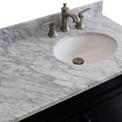 37" Single sink vanity in Blue finish with White Carrara marble and LEFT oval sink RIGHT drawers