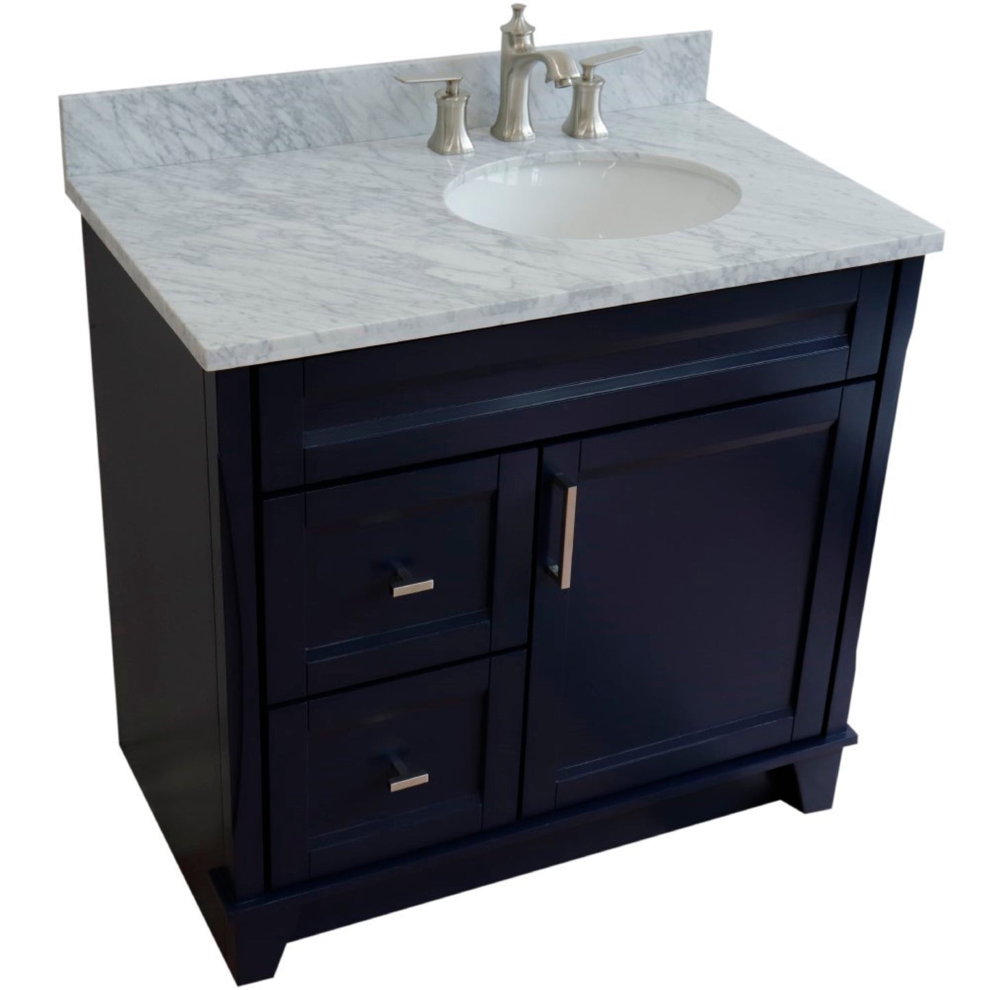 37" Single sink vanity in Blue finish with White Carrara marble and LEFT oval sink RIGHT drawers
