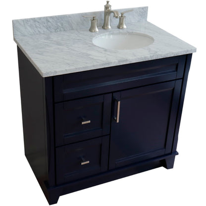 37" Single sink vanity in Blue finish with White Carrara marble and LEFT oval sink RIGHT drawers