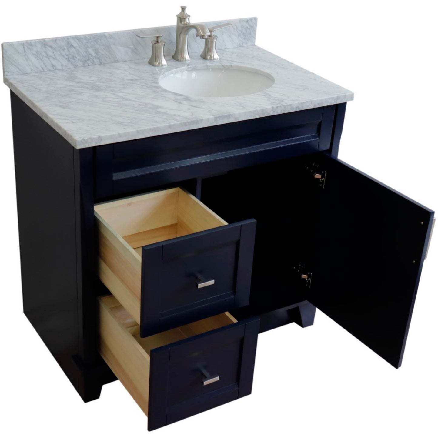 37" Single sink vanity in Blue finish with White Carrara marble and LEFT oval sink RIGHT drawers
