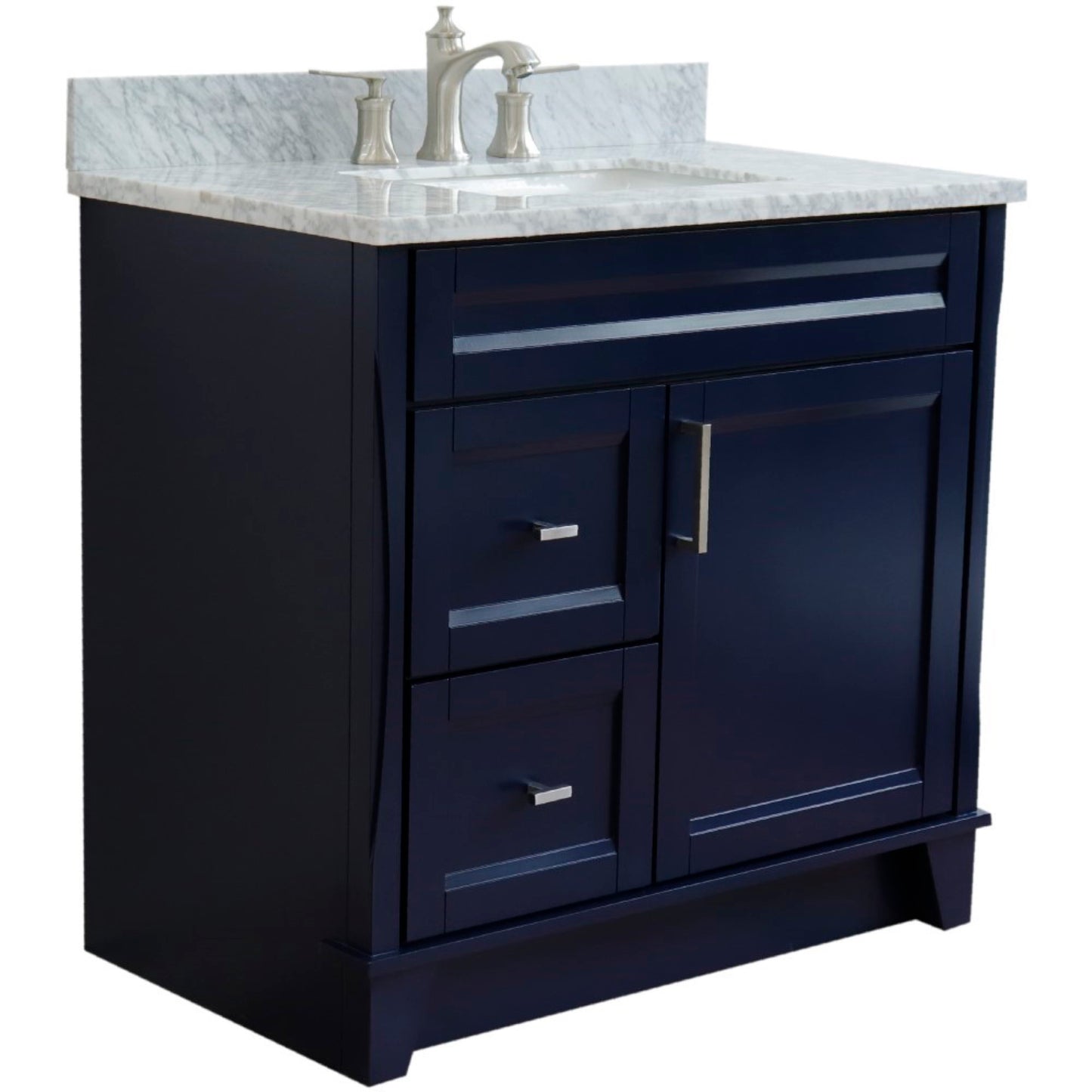 37" Single sink vanity in Blue finish with White Carrara marble and CENTER rectangle sink RIGHT drawers