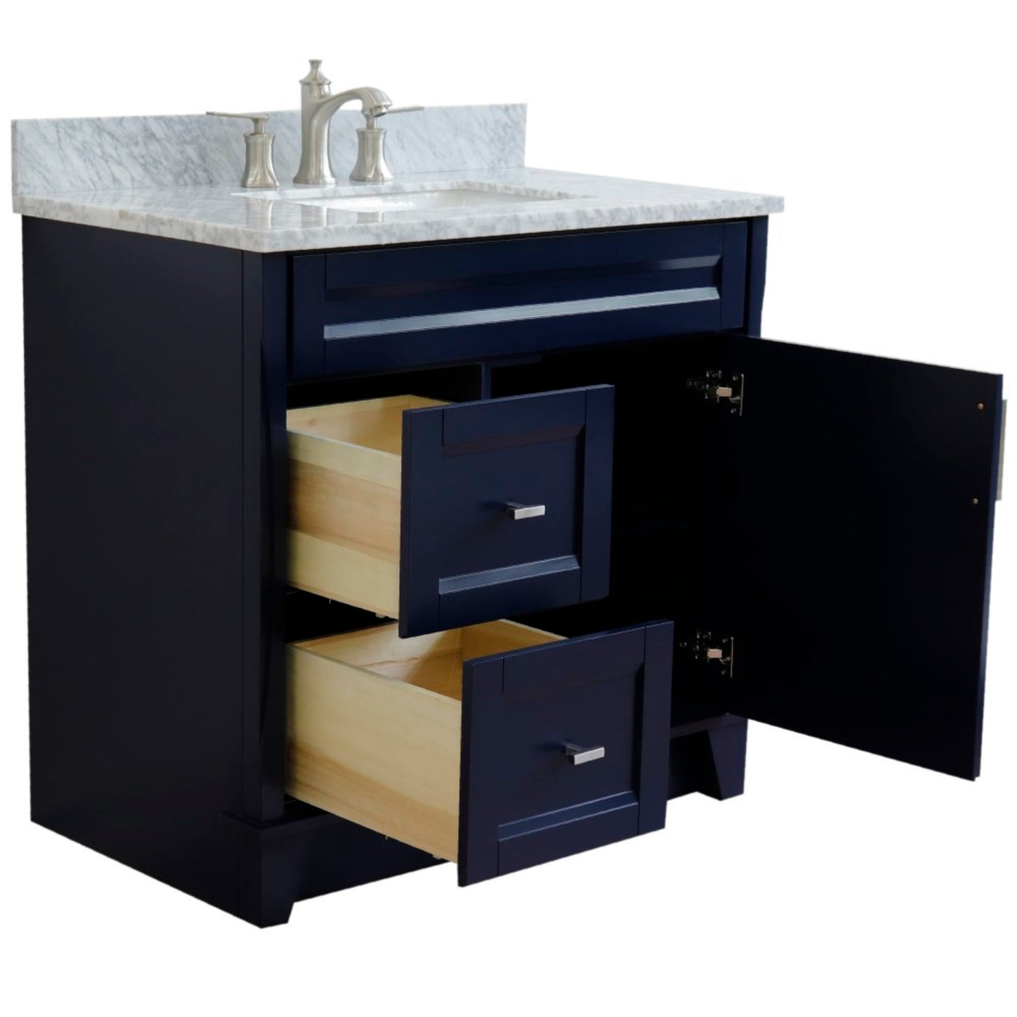 37" Single sink vanity in Blue finish with White Carrara marble and CENTER rectangle sink RIGHT drawers