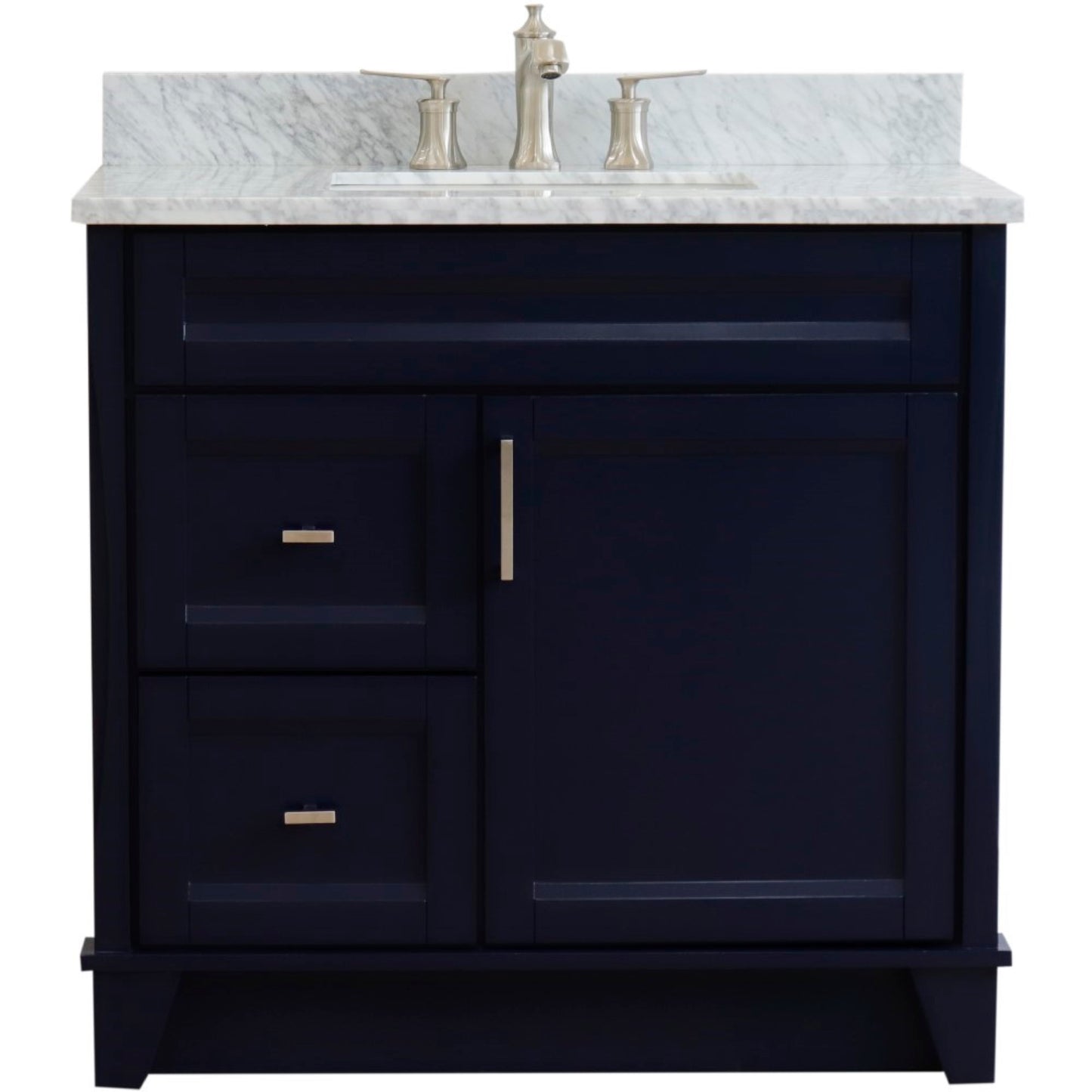 37" Single sink vanity in Blue finish with White Carrara marble and CENTER rectangle sink RIGHT drawers
