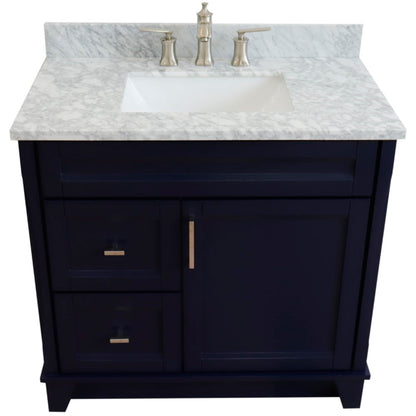 37" Single sink vanity in Blue finish with White Carrara marble and CENTER rectangle sink RIGHT drawers