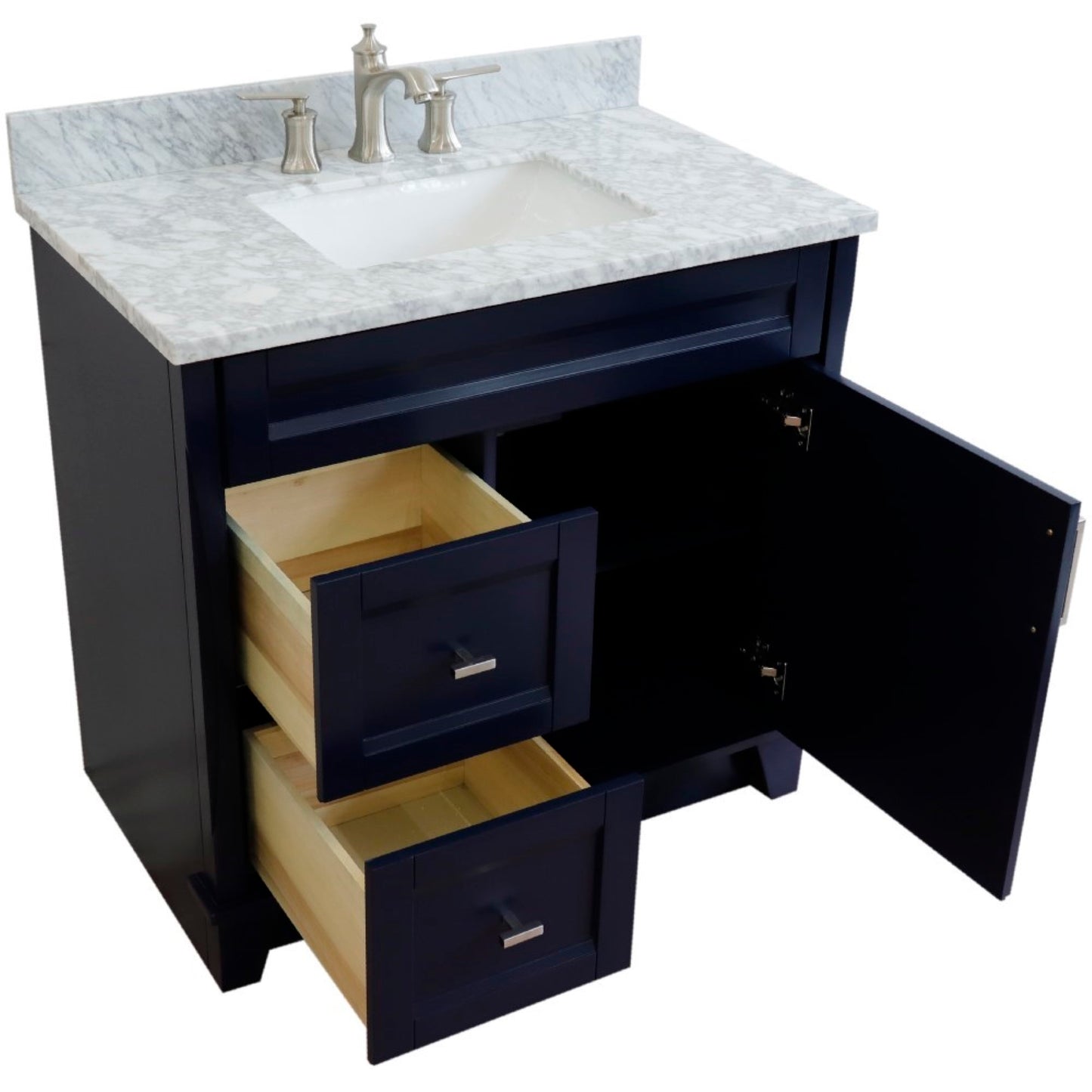 37" Single sink vanity in Blue finish with White Carrara marble and CENTER rectangle sink RIGHT drawers