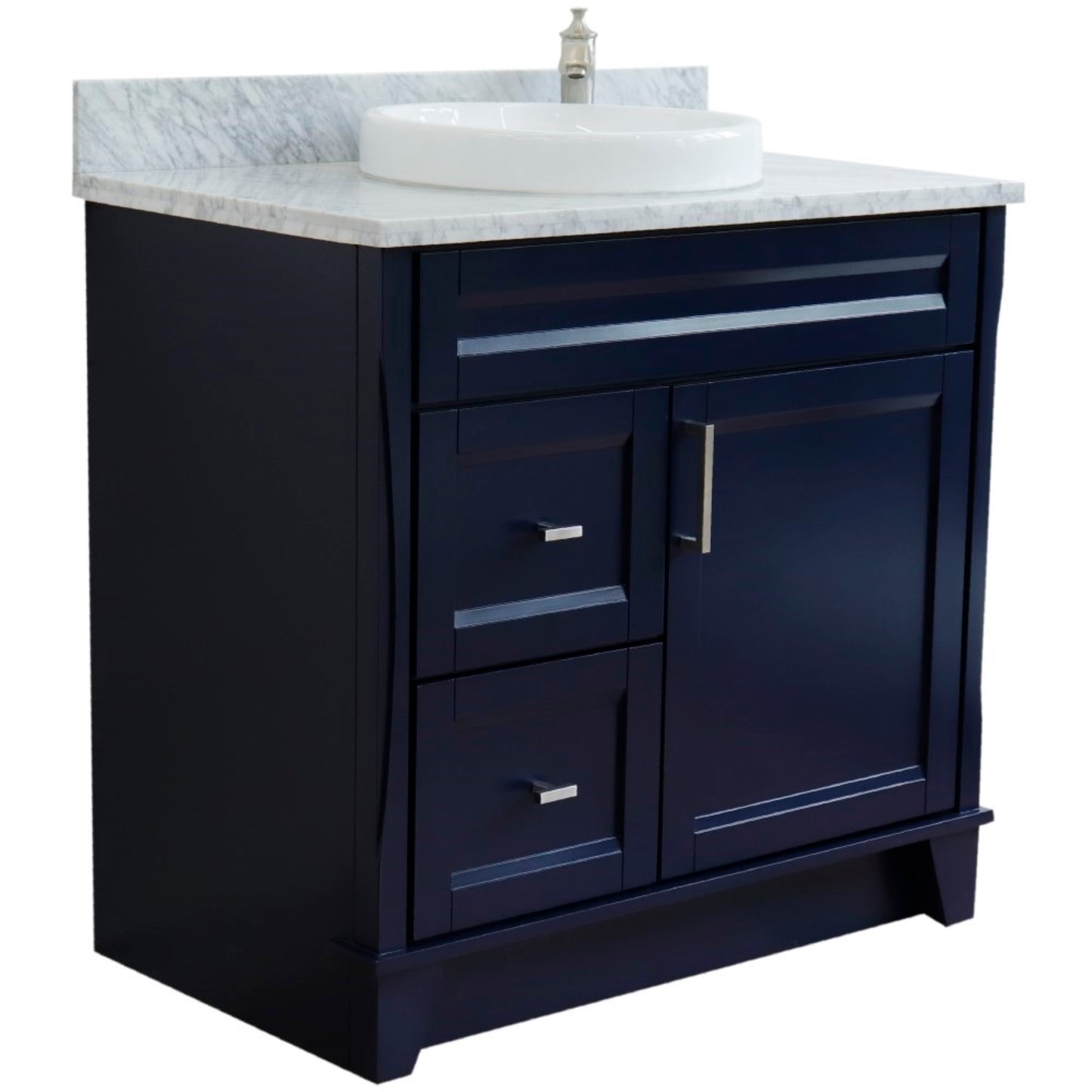 37" Single sink vanity in Blue finish with White Carrara marble and CENTER round sink RIGHT drawers