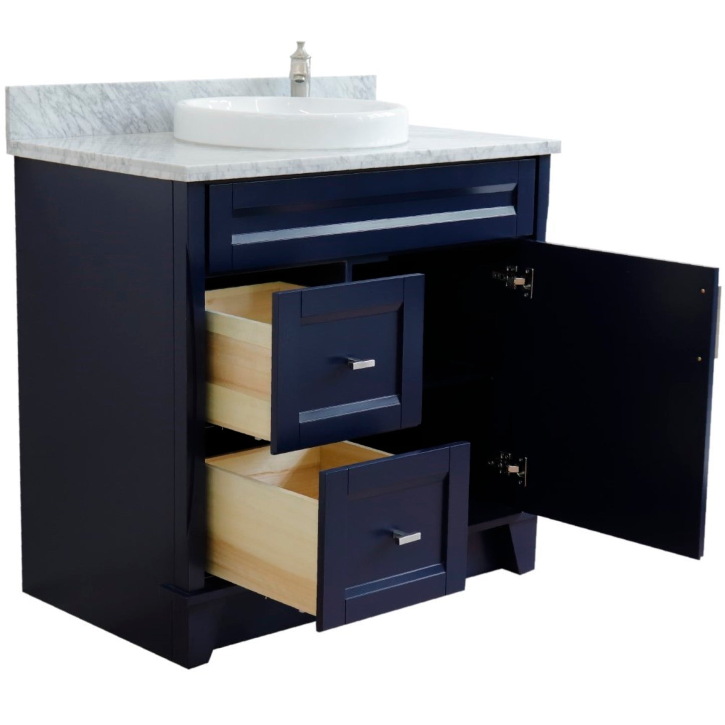 37" Single sink vanity in Blue finish with White Carrara marble and CENTER round sink RIGHT drawers