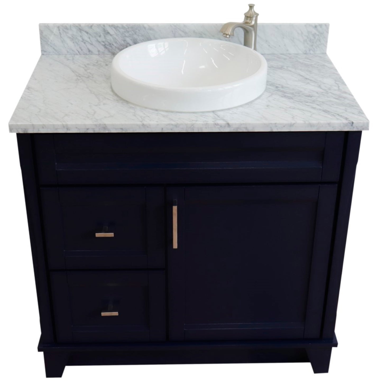 37" Single sink vanity in Blue finish with White Carrara marble and CENTER round sink RIGHT drawers