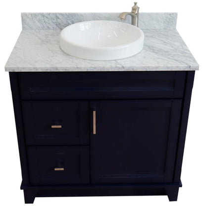 37" Single sink vanity in Blue finish with White Carrara marble and CENTER round sink RIGHT drawers