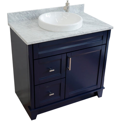 37" Single sink vanity in Blue finish with White Carrara marble and CENTER round sink RIGHT drawers