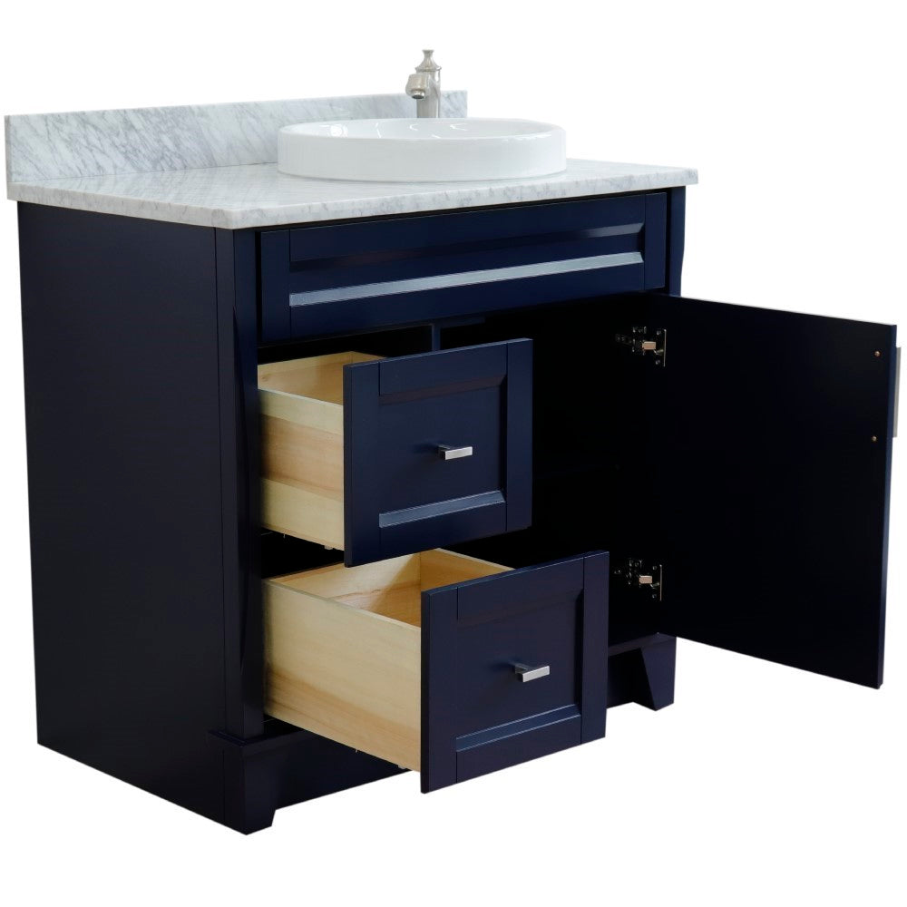 37" Single sink vanity in Blue finish with White Carrara marble and LEFT round sink RIGHT drawers