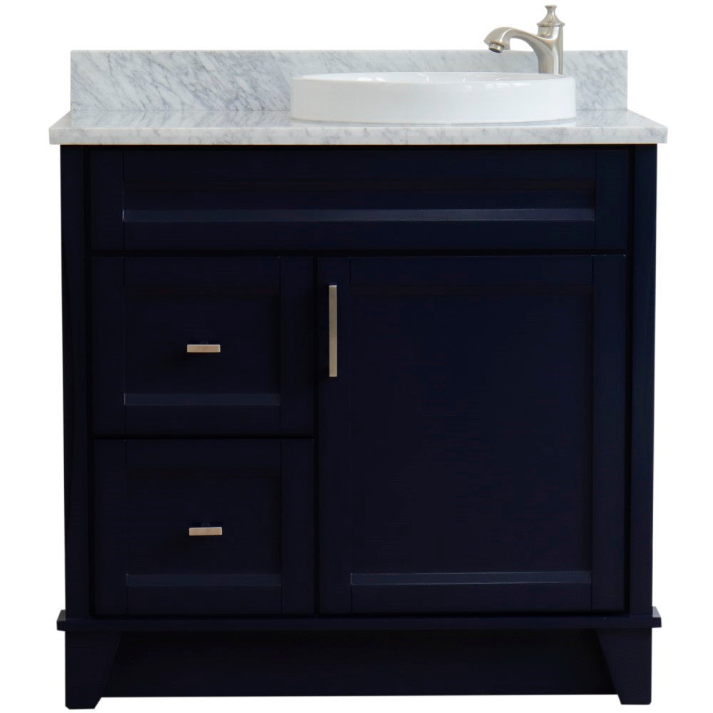 37" Single sink vanity in Blue finish with White Carrara marble and LEFT round sink RIGHT drawers