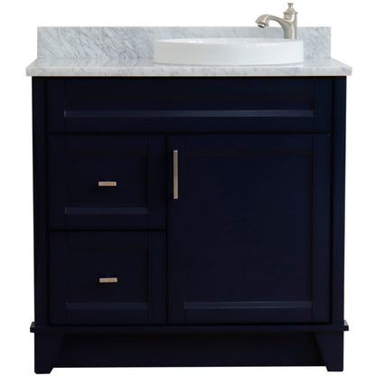 37" Single sink vanity in Blue finish with White Carrara marble and LEFT round sink RIGHT drawers
