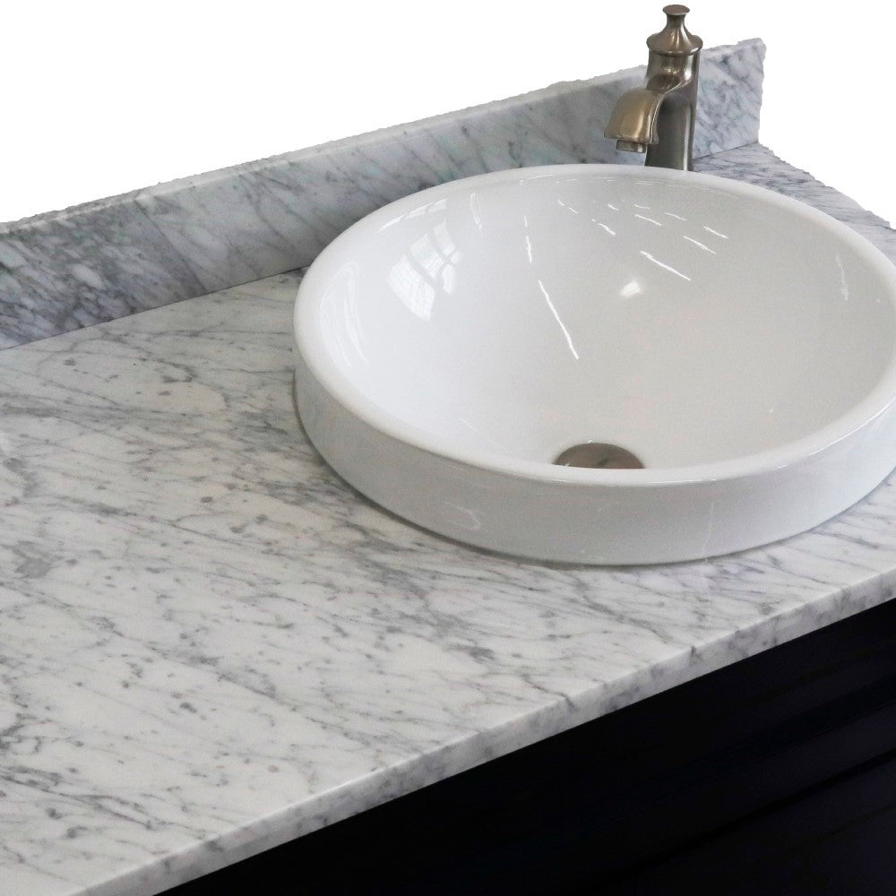 37" Single sink vanity in Blue finish with White Carrara marble and LEFT round sink RIGHT drawers