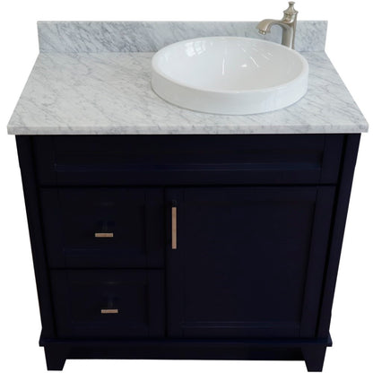 37" Single sink vanity in Blue finish with White Carrara marble and LEFT round sink RIGHT drawers