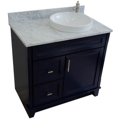 37" Single sink vanity in Blue finish with White Carrara marble and LEFT round sink RIGHT drawers