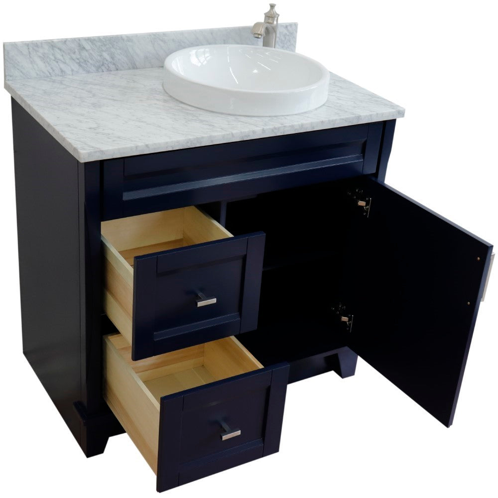 37" Single sink vanity in Blue finish with White Carrara marble and LEFT round sink RIGHT drawers