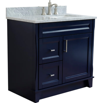 37" Single sink vanity in Blue finish with White Carrara marble and LEFT rectangle sink RIGHT drawers