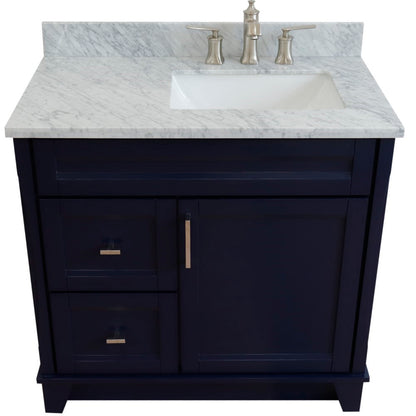 37" Single sink vanity in Blue finish with White Carrara marble and LEFT rectangle sink RIGHT drawers