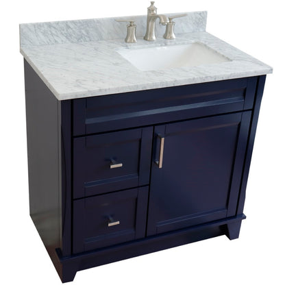 37" Single sink vanity in Blue finish with White Carrara marble and LEFT rectangle sink RIGHT drawers