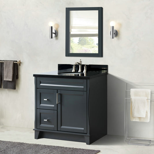 37" Single sink vanity in Dark Gray finish with Black galaxy granite and CENTER oval sink RIGHT drawers