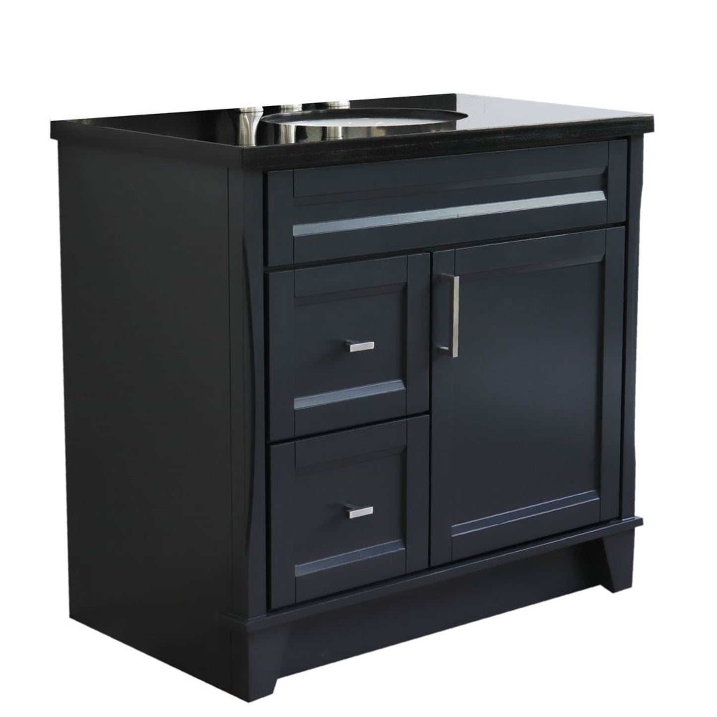 37" Single sink vanity in Dark Gray finish with Black galaxy granite and CENTER oval sink RIGHT drawers