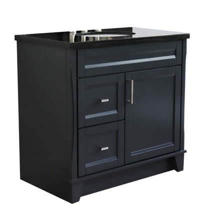 37" Single sink vanity in Dark Gray finish with Black galaxy granite and CENTER oval sink RIGHT drawers