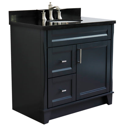 37" Single sink vanity in Dark Gray finish with Black galaxy granite and CENTER oval sink RIGHT drawers