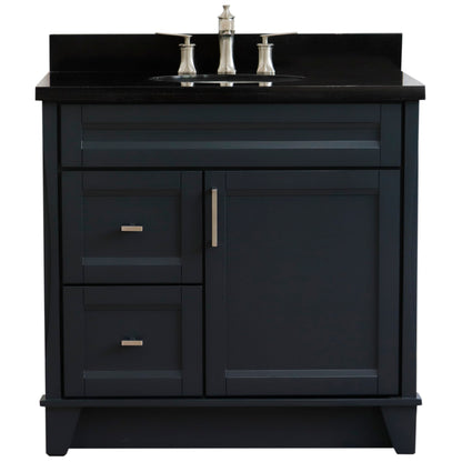 37" Single sink vanity in Dark Gray finish with Black galaxy granite and CENTER oval sink RIGHT drawers