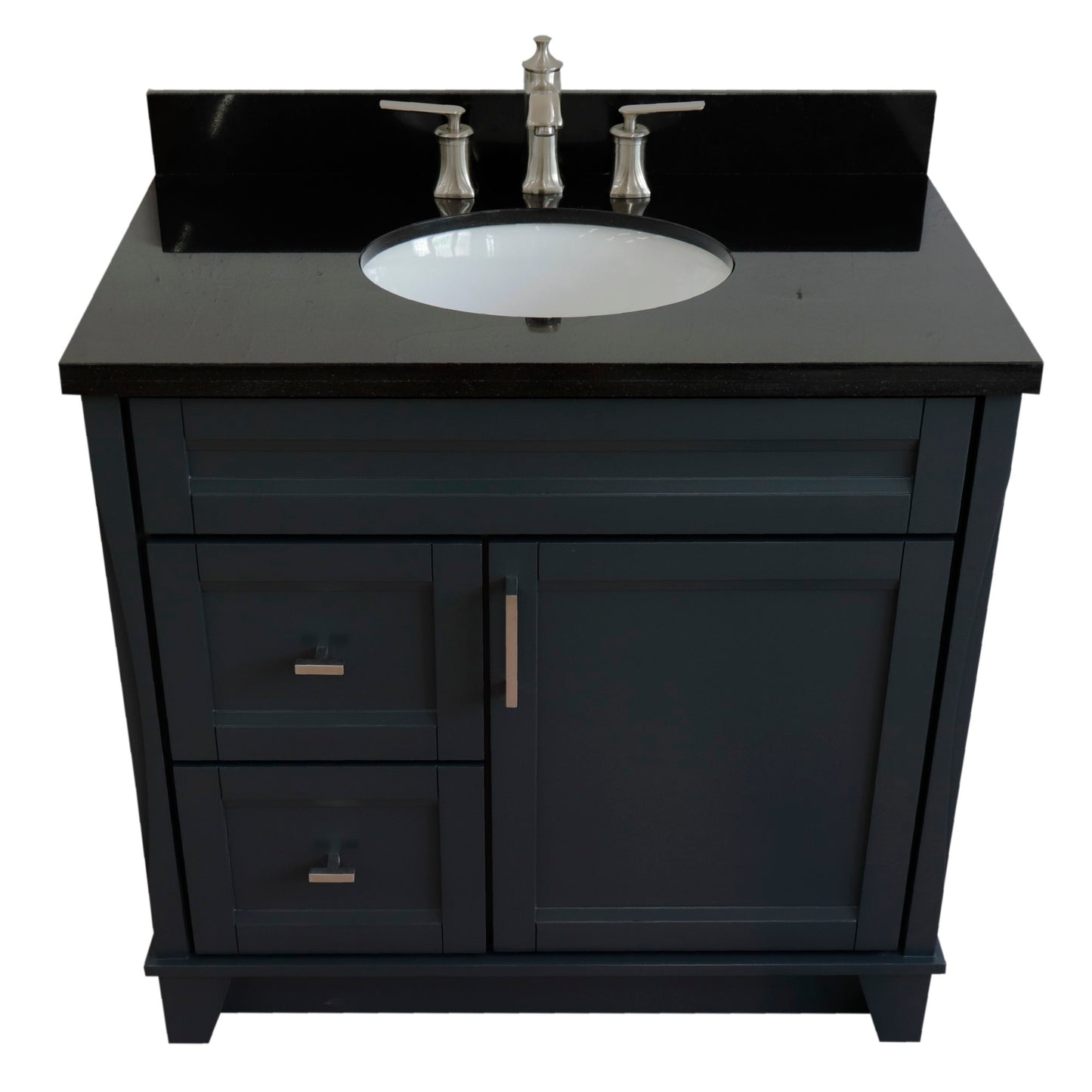 37" Single sink vanity in Dark Gray finish with Black galaxy granite and CENTER oval sink RIGHT drawers