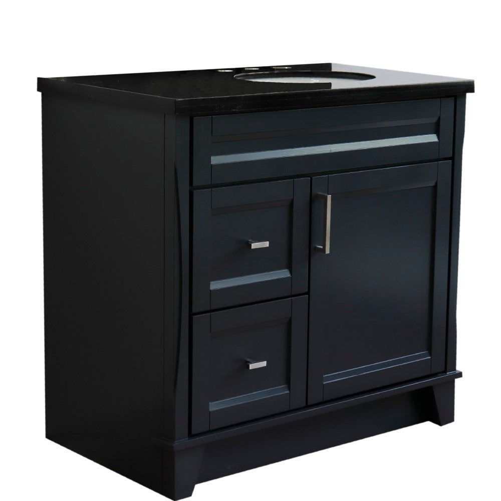 37" Single sink vanity in Dark Gray finish with Black galaxy granite and LEFT oval sink RIGHT drawers