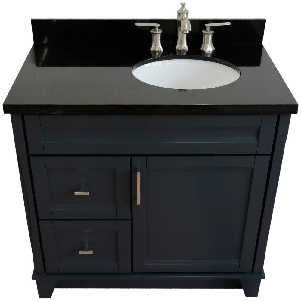 37" Single sink vanity in Dark Gray finish with Black galaxy granite and LEFT oval sink RIGHT drawers