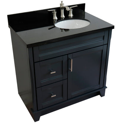 37" Single sink vanity in Dark Gray finish with Black galaxy granite and LEFT oval sink RIGHT drawers
