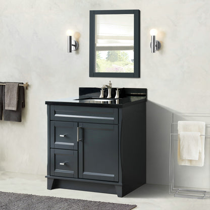 37" Single sink vanity in Dark Gray finish with Black galaxy granite and CENTER rectangle sink RIGHT drawers
