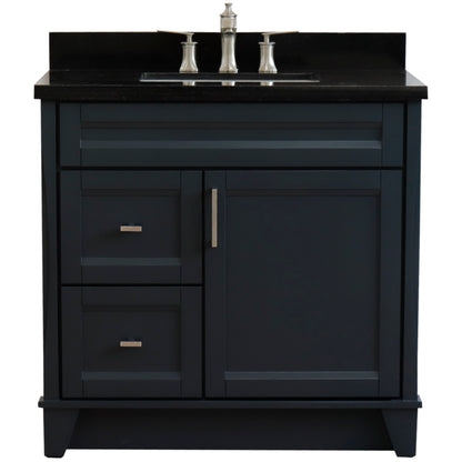 37" Single sink vanity in Dark Gray finish with Black galaxy granite and CENTER rectangle sink RIGHT drawers