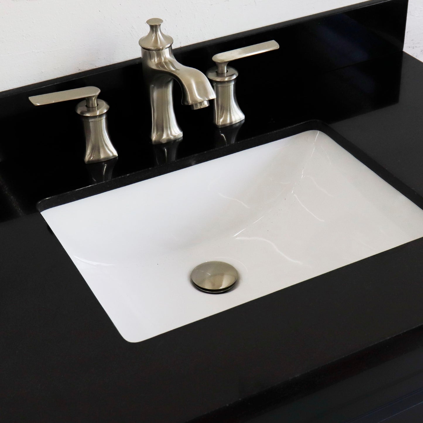 37" Single sink vanity in Dark Gray finish with Black galaxy granite and CENTER rectangle sink RIGHT drawers