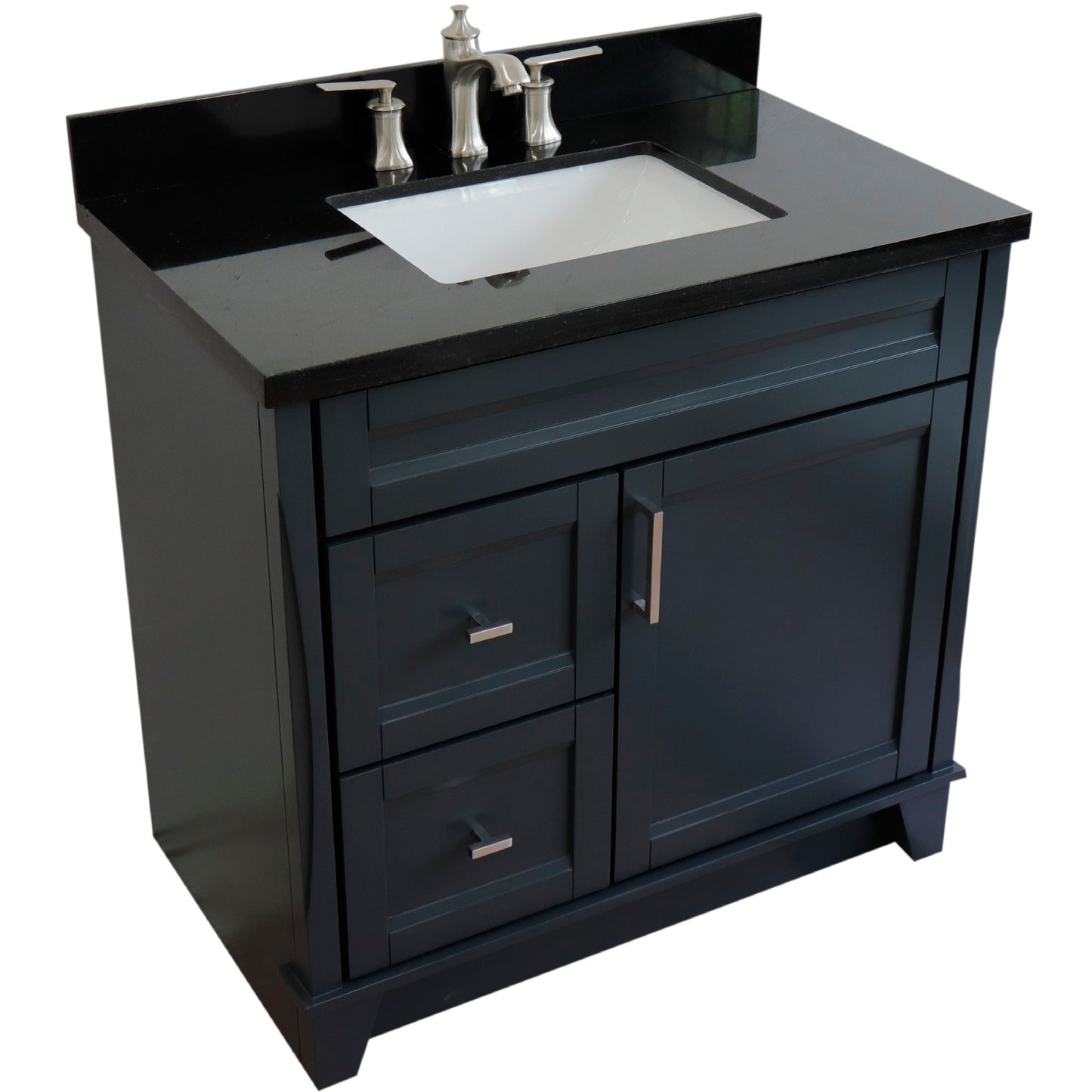 37" Single sink vanity in Dark Gray finish with Black galaxy granite and CENTER rectangle sink RIGHT drawers