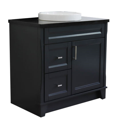 37" Single sink vanity in Dark Gray finish with Black galaxy granite and CENTER round sink RIGHT drawers