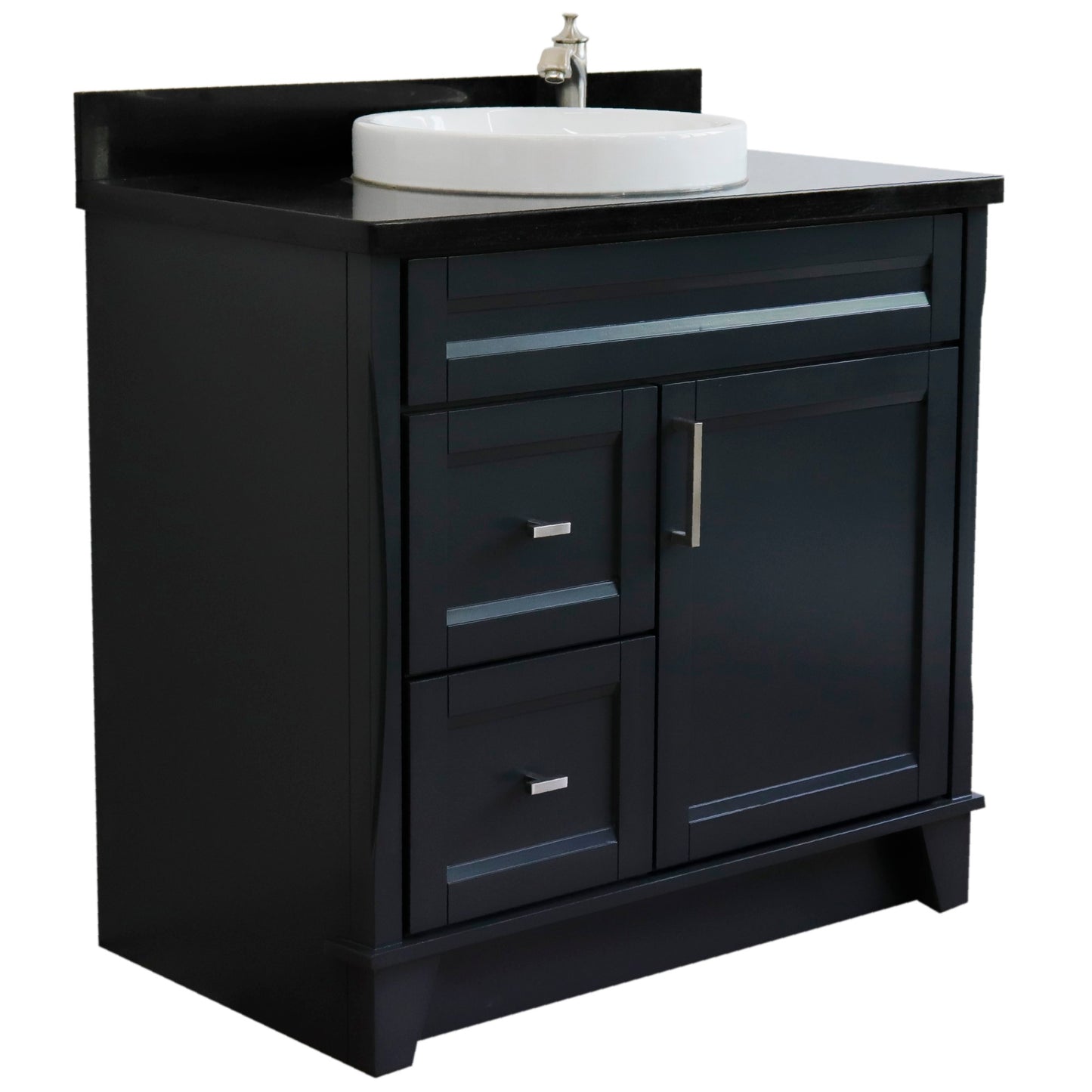 37" Single sink vanity in Dark Gray finish with Black galaxy granite and CENTER round sink RIGHT drawers