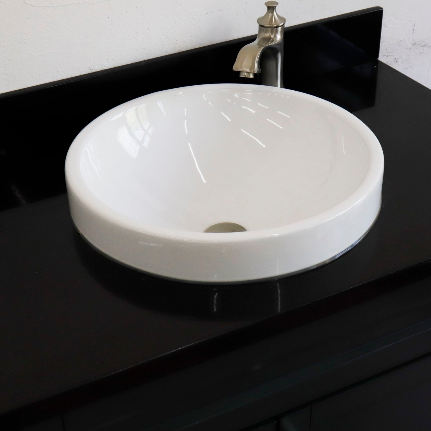 37" Single sink vanity in Dark Gray finish with Black galaxy granite and CENTER round sink RIGHT drawers