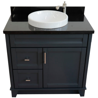 37" Single sink vanity in Dark Gray finish with Black galaxy granite and CENTER round sink RIGHT drawers