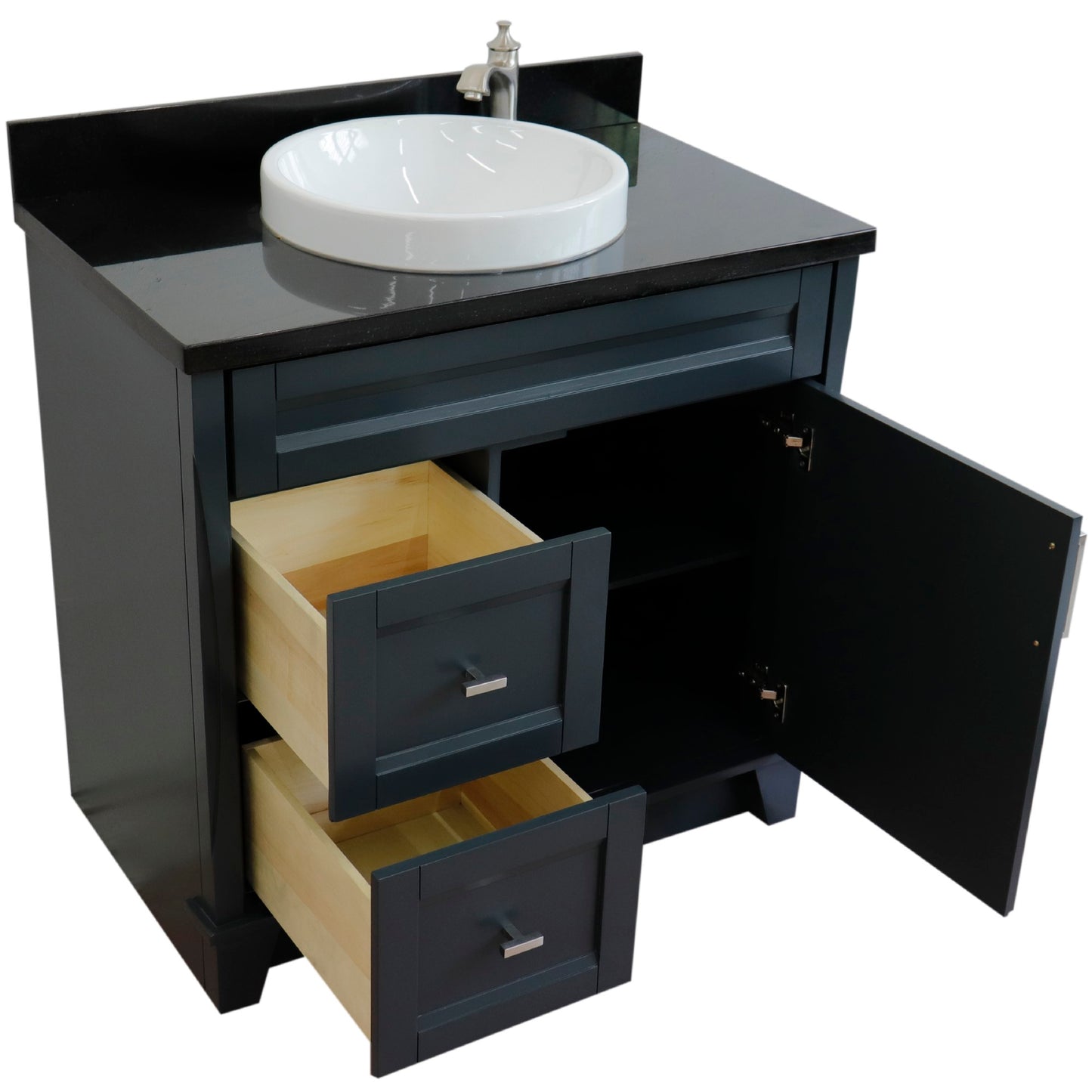 37" Single sink vanity in Dark Gray finish with Black galaxy granite and CENTER round sink RIGHT drawers