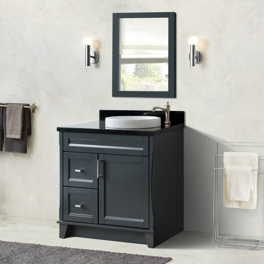 37" Single sink vanity in Dark Gray finish with Black galaxy granite and LEFT round sink RIGHT drawers