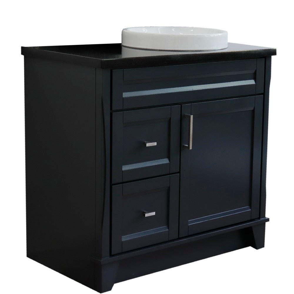 37" Single sink vanity in Dark Gray finish with Black galaxy granite and LEFT round sink RIGHT drawers