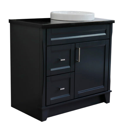 37" Single sink vanity in Dark Gray finish with Black galaxy granite and LEFT round sink RIGHT drawers
