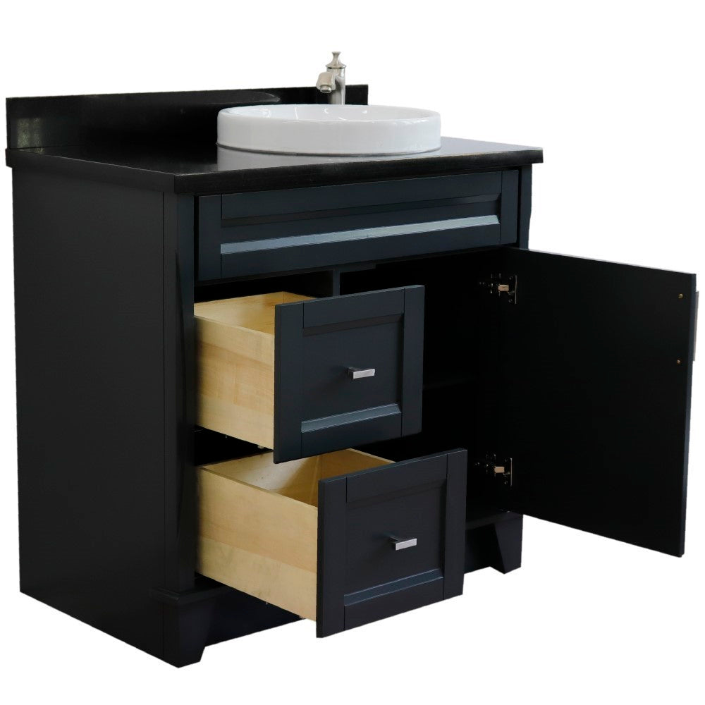 37" Single sink vanity in Dark Gray finish with Black galaxy granite and LEFT round sink RIGHT drawers
