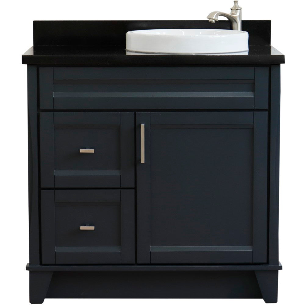 37" Single sink vanity in Dark Gray finish with Black galaxy granite and LEFT round sink RIGHT drawers