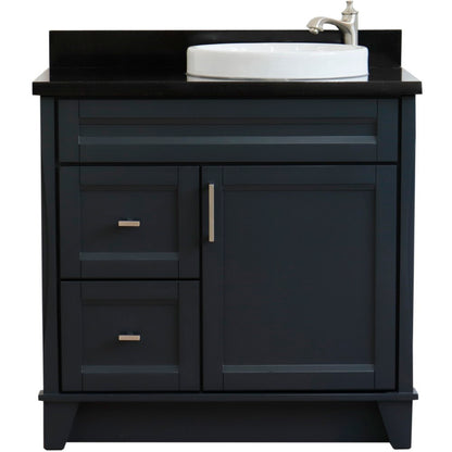 37" Single sink vanity in Dark Gray finish with Black galaxy granite and LEFT round sink RIGHT drawers