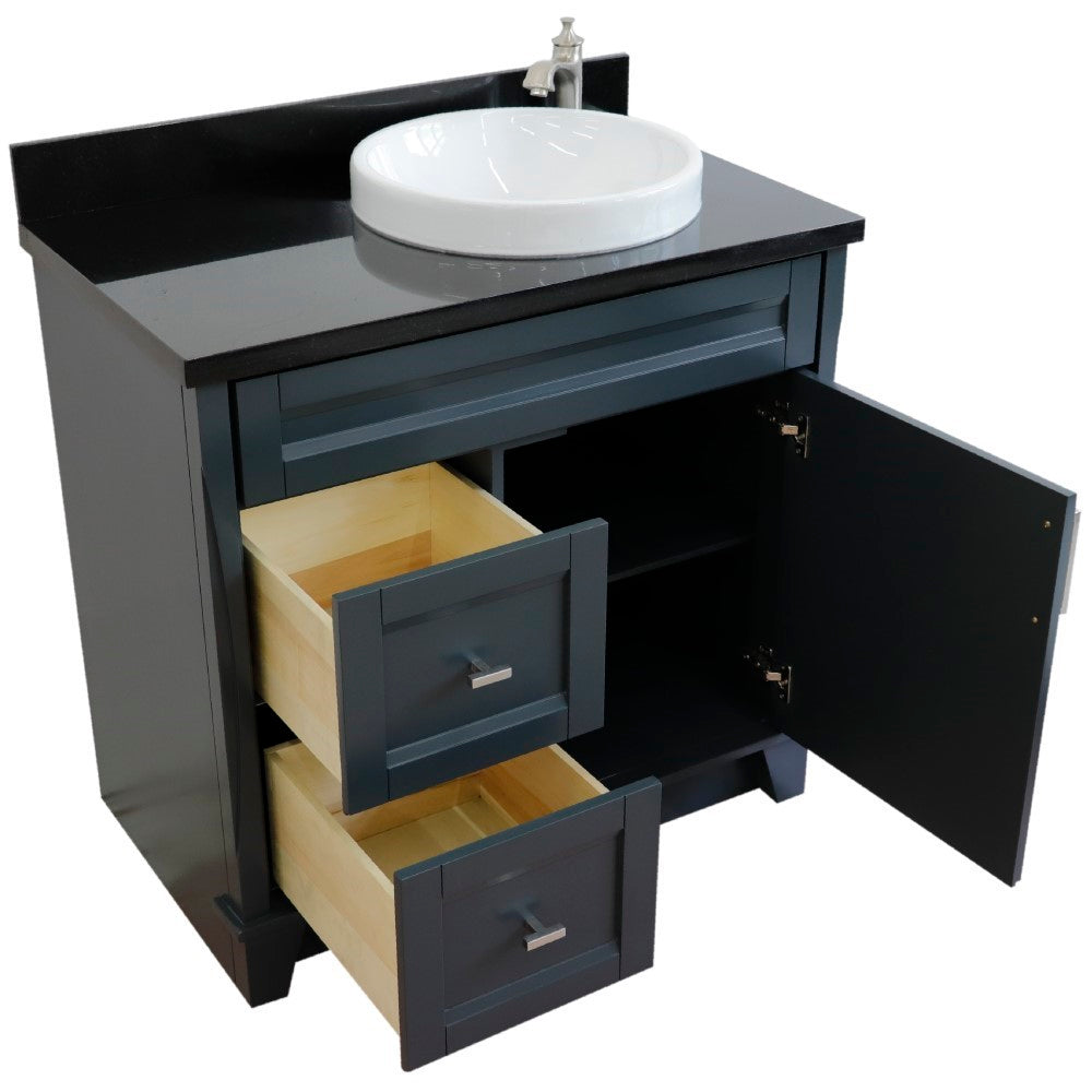 37" Single sink vanity in Dark Gray finish with Black galaxy granite and LEFT round sink RIGHT drawers