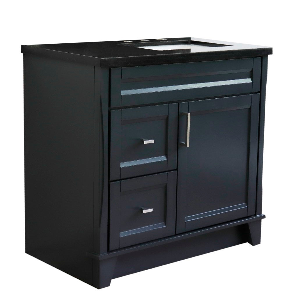 37" Single sink vanity in Dark Gray finish with Black galaxy granite and LEFT rectangle sink RIGHT drawers